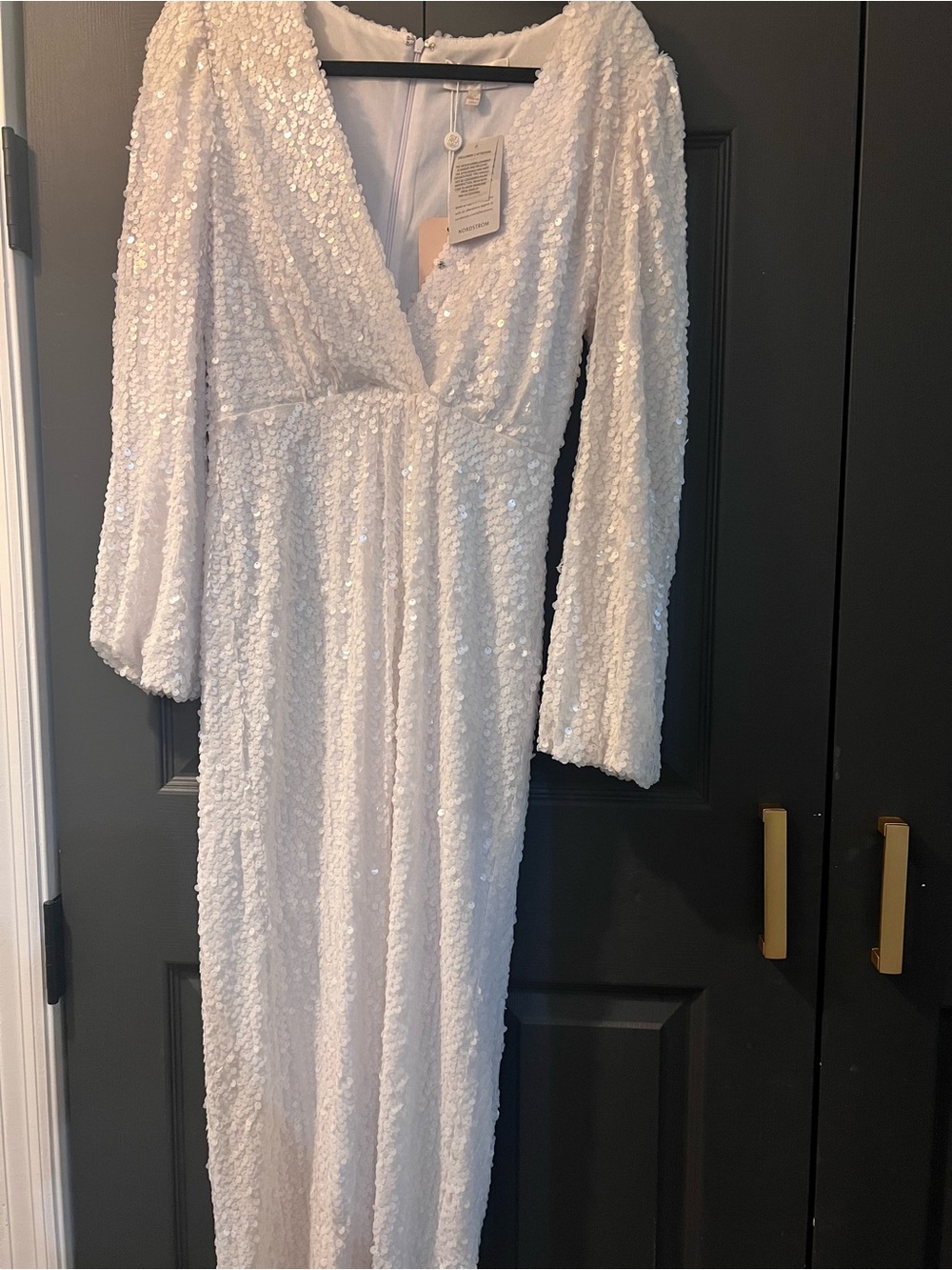 Wayf White Sequin V-Neck Long Sleeve Women’s Dress